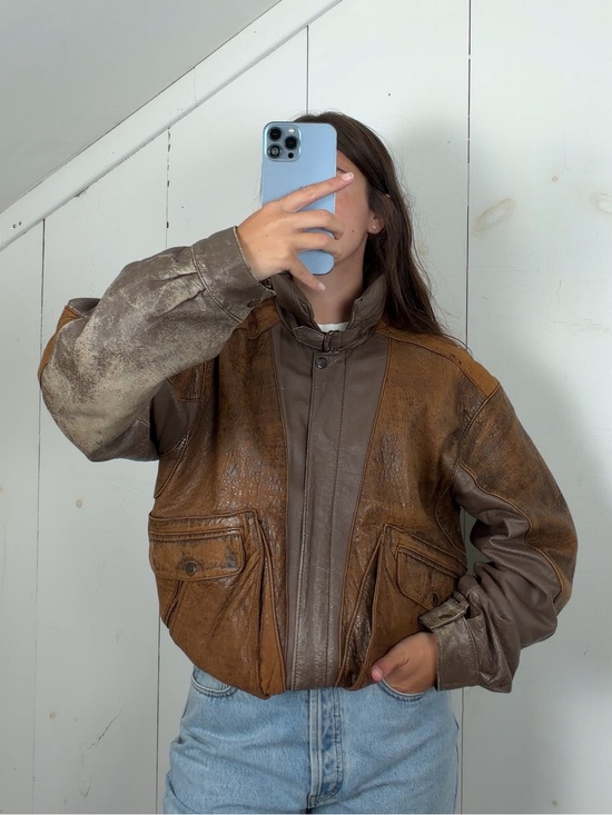Le Tigre Other - Vintage Brown Leather Distressed Patina Flight Bomber Jacket Mens 42 Funnel Neck
